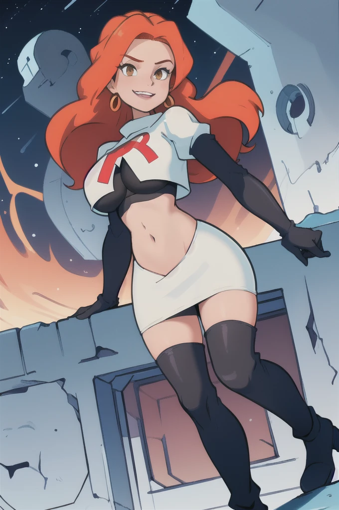 masterpiece, best quality, 1girl, cousinmel, orange hair, long hair,  brown eyes, Team rocket, team rocket uniform, red letter R, white skirt,white crop top,black thigh-high boots, black elbow gloves, evil smile, night sky background, earrings, large breasts