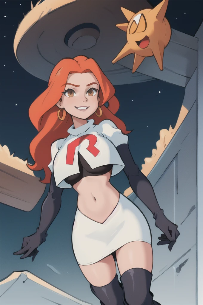 masterpiece, best quality, 1girl, cousinmel, orange hair, long hair,  brown eyes, Team rocket, team rocket uniform, red letter R, white skirt,white crop top,black thigh-high boots, black elbow gloves, evil smile, night sky background, earrings, large breasts