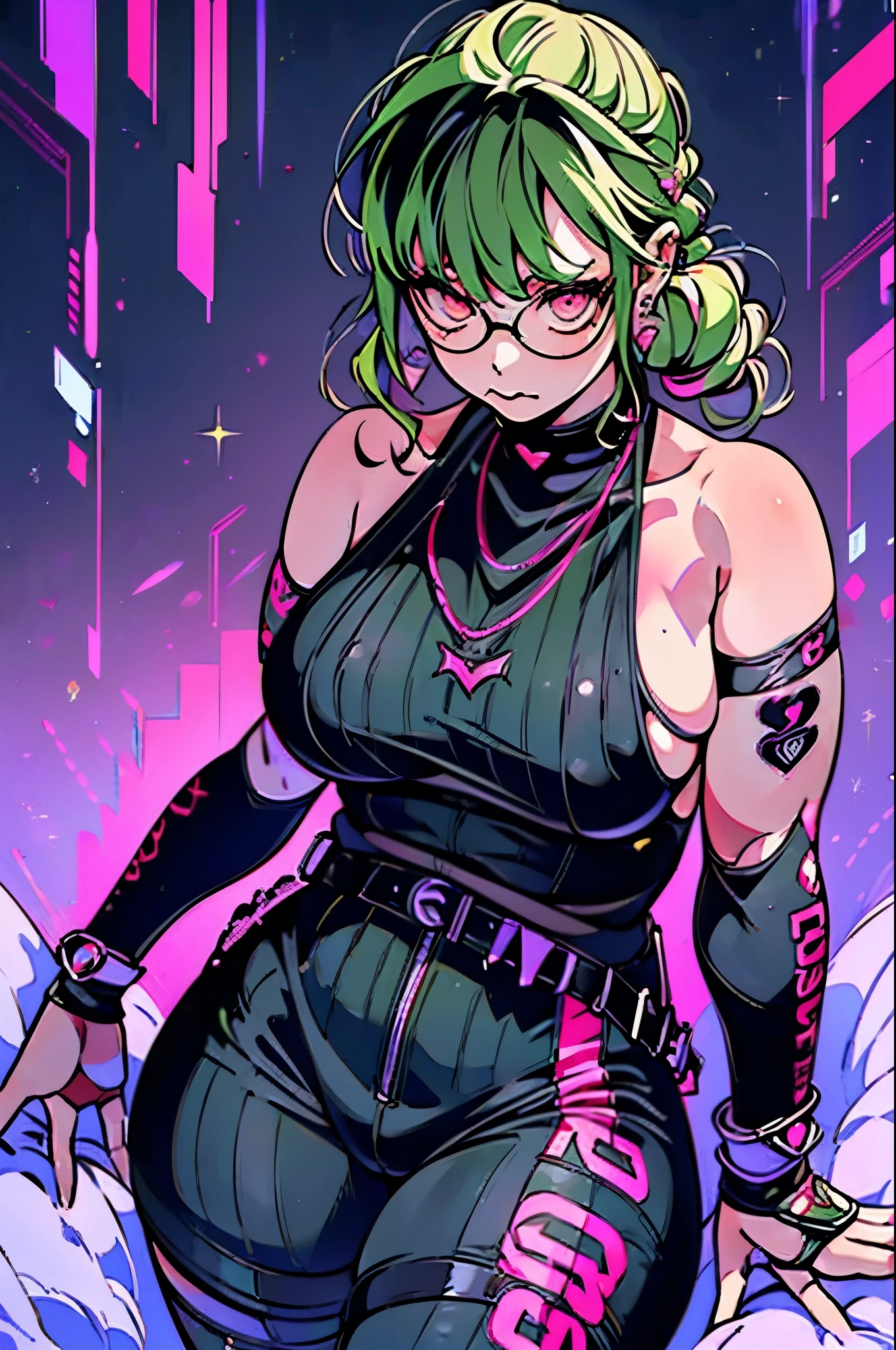 (highest quality,High resolution:1.2),super detailed,(realistic:1.37) (girl), exposed female genitals, anime style, (Fat:1.4) , cyber punk , full body tight suit , (exposed nipples:0.9) , (chest:1.1) , (muscular:1.3) , (abs:1.1) , (thick arms:1.4) , thick thighs , huge hips , exposed female genitals, Ahegao , black glasses , spread your legs , Punk rock emo girl, Neko, wolf girl, long neon yellow hair in pigtails, tattoo sleeves and piercings, Red eyes, slender, skinny, short, Harajuku-inspired punk clothes, no twins, one person