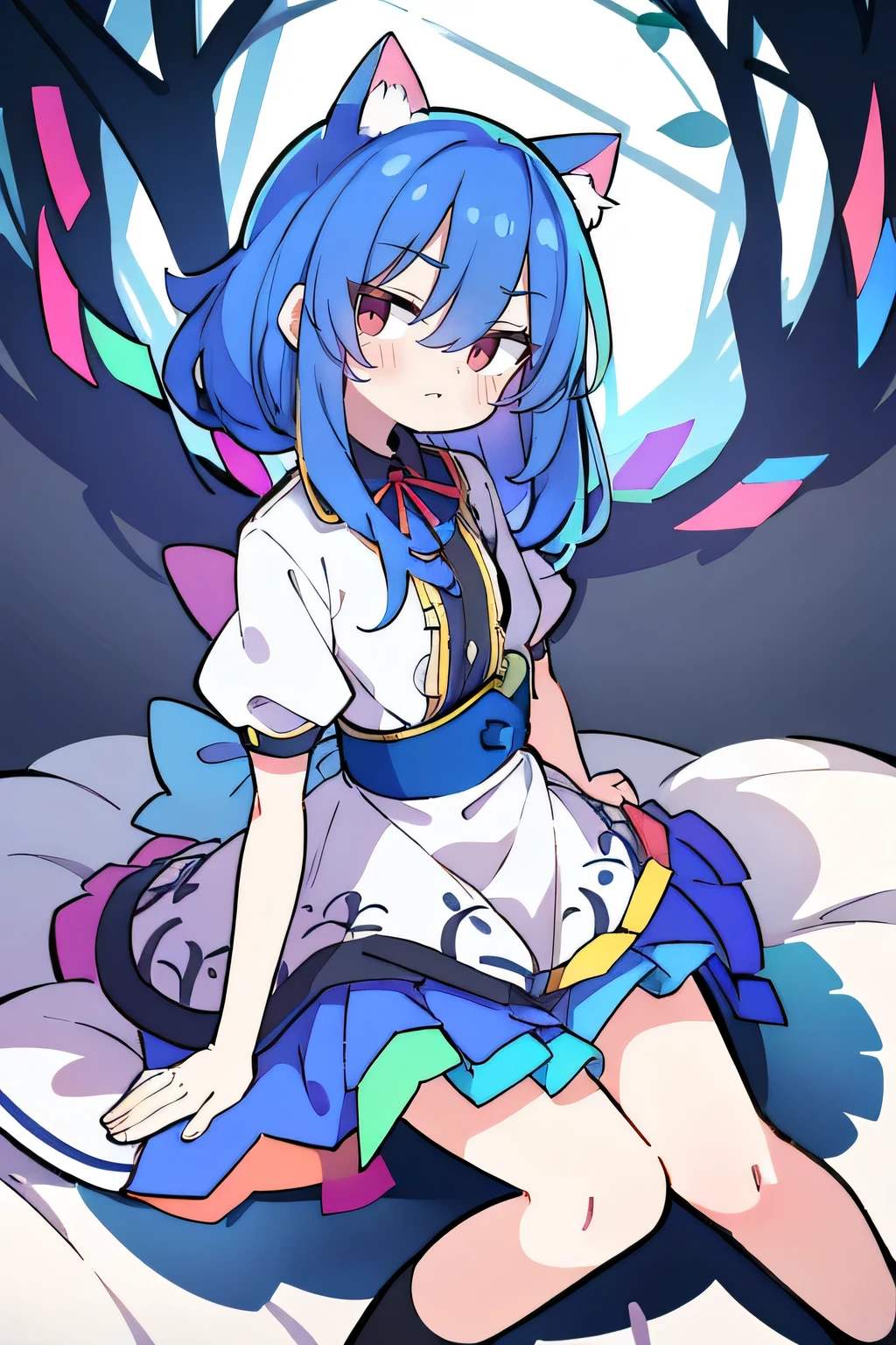 (Masterpiece), best quality, expressive eyes, perfect face, 1girl,
 Put your hands on your waist, fair, gorgeous, Japanese comics, girl, Lola, young angel, blue hair, blue hair, flowing clothes, hug the waist, hug the waist, hands on hips, hands on hips, lay down , lying on the ground, legs on the ground, flat chest, cat ears