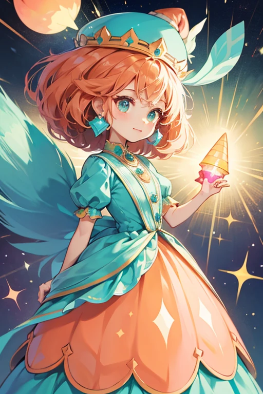 Tuber is a big-headed humanoid, with peach-colored skin wearing a turquoise dress and a hat shaped like a cone. SPARKLE; GLITTE