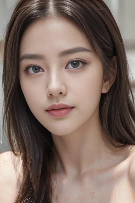 ((highest quality、In 8K、masterpiece:1.3))、(Sunlight、sharp focus:1.2)、(beautiful woman perfect body、Completely naked:1.5)、(Double big eyes、long face:1.5)、Front facing、full body image、(super big breasts、fitness body:1.2)、straight hair、three-dimensional texture、detailed eye、brown hair、shy smile、very shiny hair、Basement concrete background、hair quality improvement、