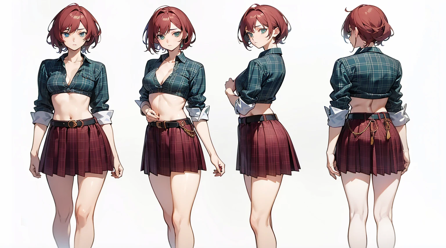 anime character with different poses of a woman in a skirt,(Best quality, amazing art, realistic clothing) a close up of a person in a skirt and a shirt, female anime character, anime character design, ( ( character concept art ) ), anime full body illustration, a hyperrealistic , pretty anime character design, detailed anime character art, anime character art, plaid skirt, plaid shirt, burgundy and black skirt, deep teal shirt, belly button, toned stomach, reference sheet highly textured clothing, fabric, small cleavage, tiny tits, buttoned shirt, simple belt around her waist, girl on the far right of the image is looking away with her back turned, thin body, slender build