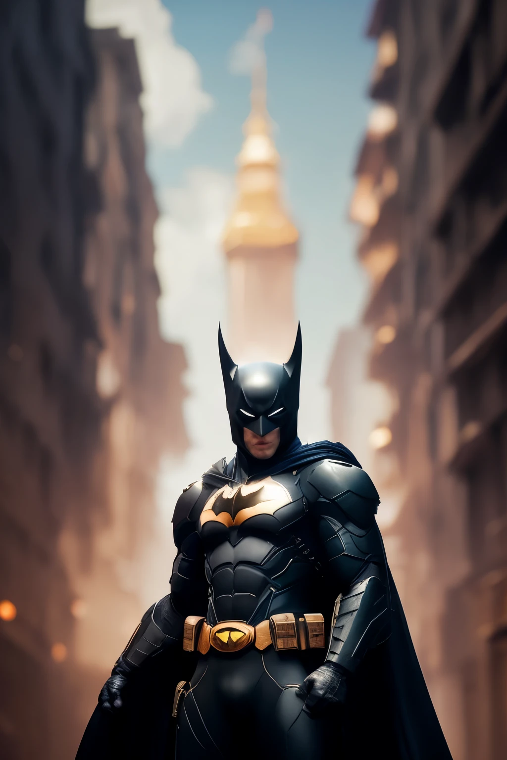 Foto de cuerpo completo de Batman hombre en traje estilo armadura blanca y dorada, without mask, capa blanca, looking at the central camera, perfect composition, beautiful detailed intricate insanely detailed octane render tendencia en artstation, 8k art photography, arte conceptual fotorrealista, Soft natural volumetric cinematic perfect light., chiaroscuro, award-winning photography, obra maestra, oil on canvas, Rafael, caravaggio, Greg Rutkowski, Beeple, Beksinski, giger, tendencia en artstation, sharp focus, foto de estudio, Detalles intrincados, muy detallado, fondo de la ciudad de noche, by Greg Rutkowski