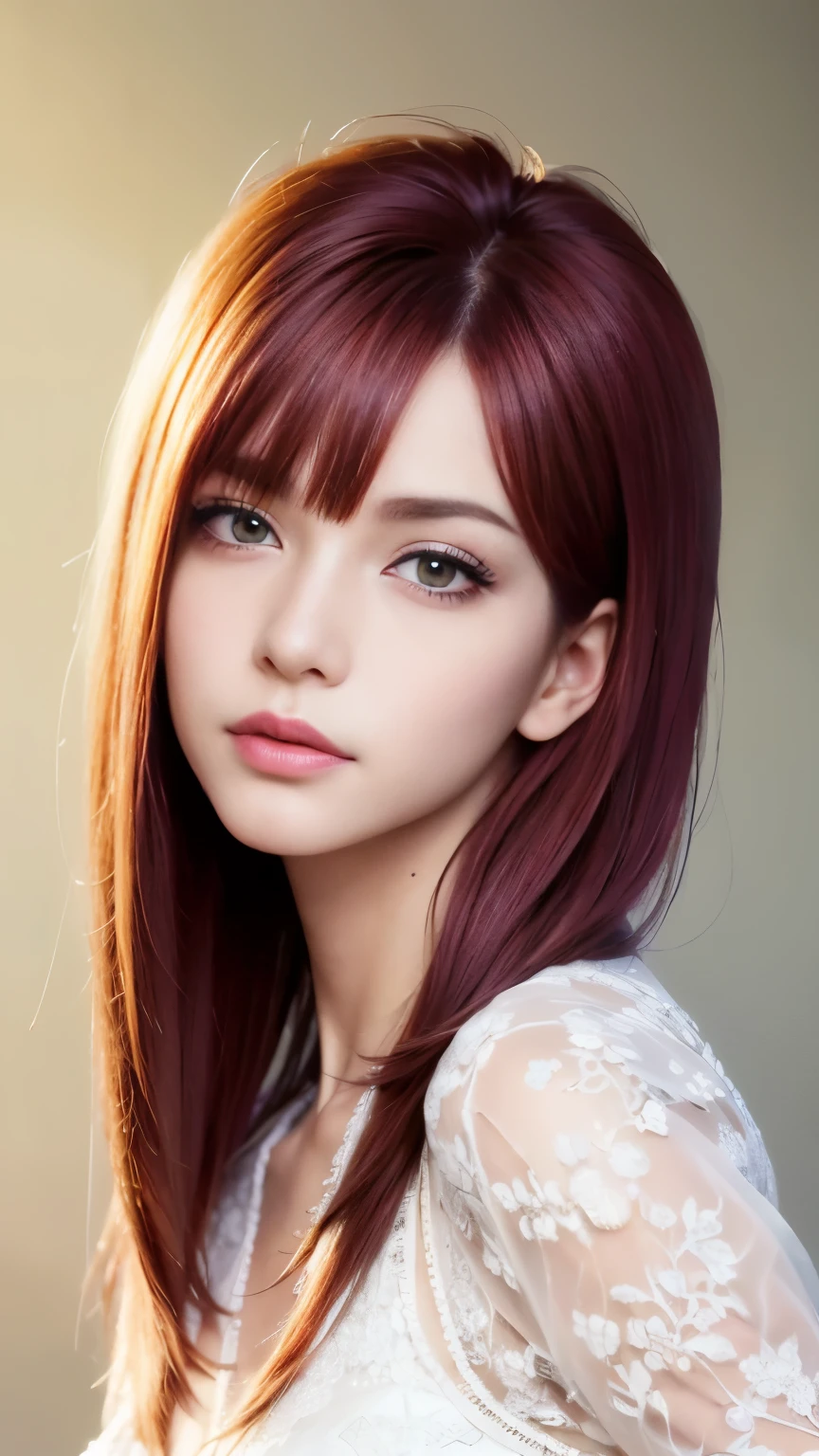 (8K, highest quality, masterpiece:1,2), (realistic, Photoreal:1.37), Super detailed, one girl,), (very detailed), (detailed and beautiful eyes), (highest qualityの), (Super detailed ), (masterpiece), (detailed face),woman((19 years old)),portrait, red毛, yellow-white eyes, 長いhair, red毛のhair ,hair((red, princess cut，length)), ウェーブのかかったhair, 前hair, background golden hour, null, to the chest, White blouse with ruffles, race, neck tattoo, tv tattoo、