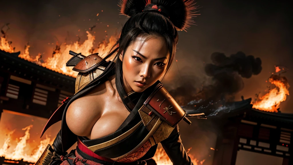 A close-up of a sexy female samurai with wide-open eyes in Edo City engulfed in flames.
This image captures a moment of intense emotion as a sexy female samurai confronts a catastrophic fire in Edo City, her expression a mix of determination and fear, set against a backdrop of dramatic flames, blending traditional samurai valor with a modern, cinematic flair.
