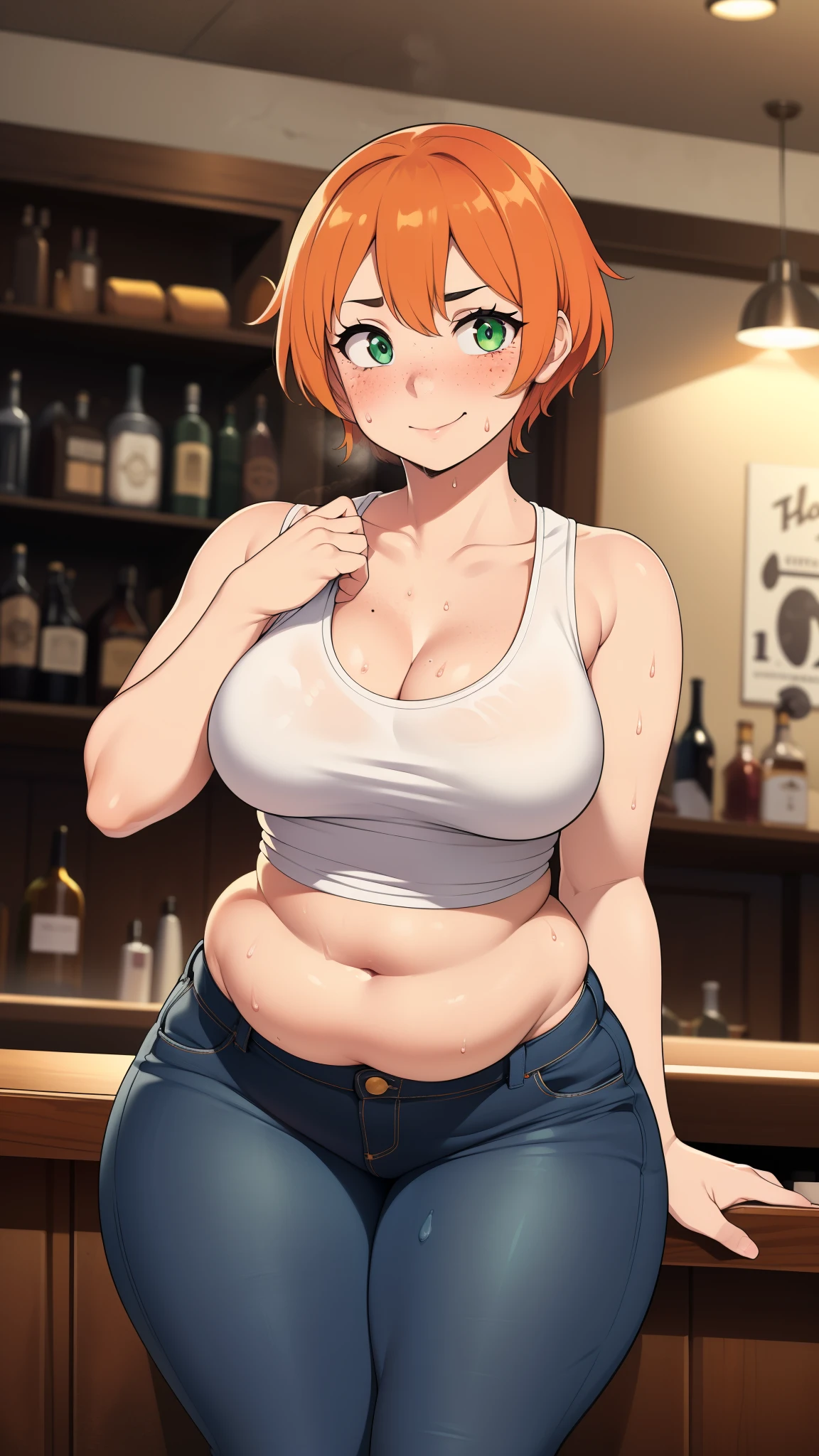 ((highres)), Masterpiece, high quality, best quality, beautiful, perfect lighting, detailed face, ultra cute face, ((1girl)), ((solo), short fluffy orange hair, green eyes, freckles, sweat, ((blush)), dunk smile, looking at viewer, leaning on bar, standing in a bar, (bar), daytime, tank top, jeans, (((thick thighs))), ((wide hips)), cleavage, (medium breasts), (chubby), 20 year old female, 