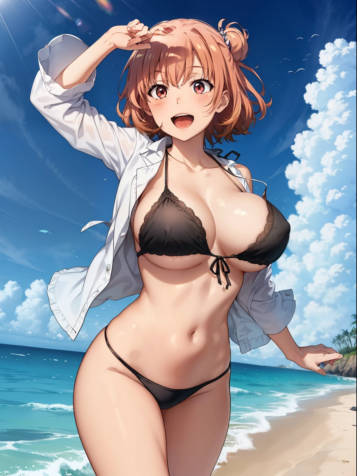 ((highest quality, High resolution,  perfect pixel, written boundary depth, 4k)), 1 girl,  (beautiful anime girl), 
close, looking at the viewer, 
perfect body, 

yuigahama yui, huge breast, single hair bun, 

black micro bikini, beach, 

(bouncing breasts, unaligned breasts, motion lines, motion blur:1.2), focus breast, 

jumping, dynamic pose, 
smile, open mouth, 