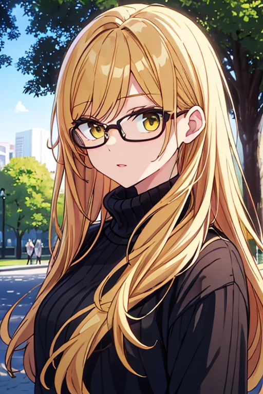 ((best quality)), ((masterpiece)), (detailed), perfect face, Long hair, yellow hair, wearing glasses,, in the park, wearing a sweater,