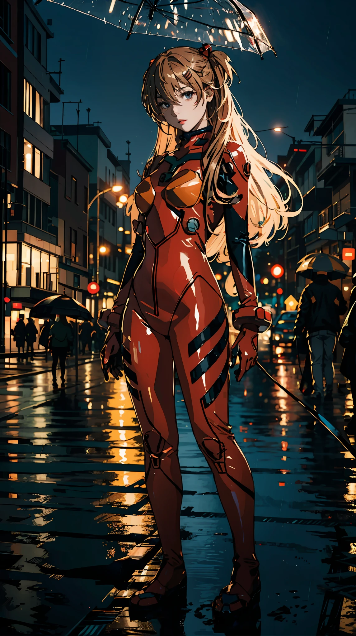 Best quality, Masterpiece, Realistic, Photorealistic, 1girll, Solo, view the viewer, full bodyesbian, standing, Long hair, Asuka cosplay costume, cosplay, Manteau, tightsuit, hair adornments, Detailed background, Have on the street, Night, Light, rain,