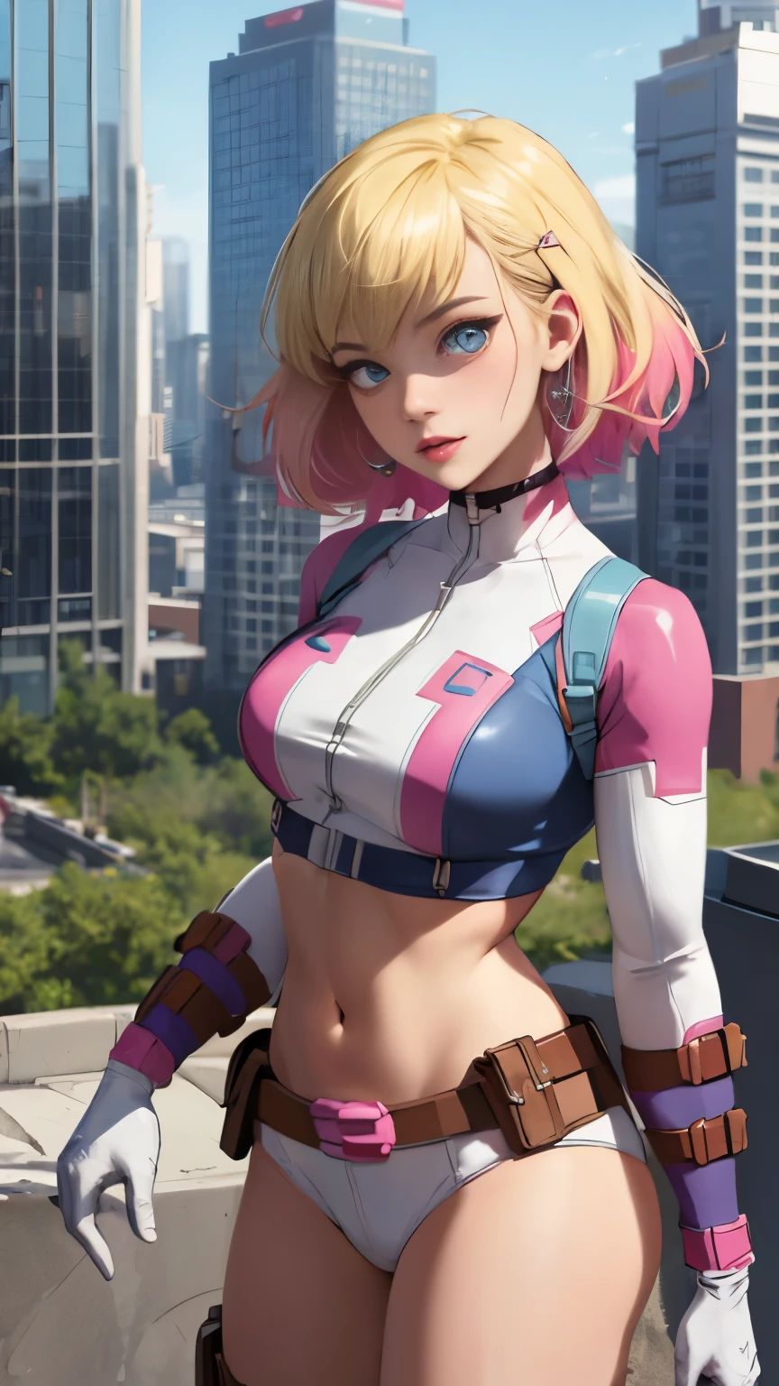 (Highly quality, masterpiece, detailed), city detailed scenario, city detailed background, solo, gwenpool, blonde hair, multi colored hair, 1woman, crop top, two-tone, navel, gloves, perfect face, beautiful eyes, look at the viewer, Sexy pose