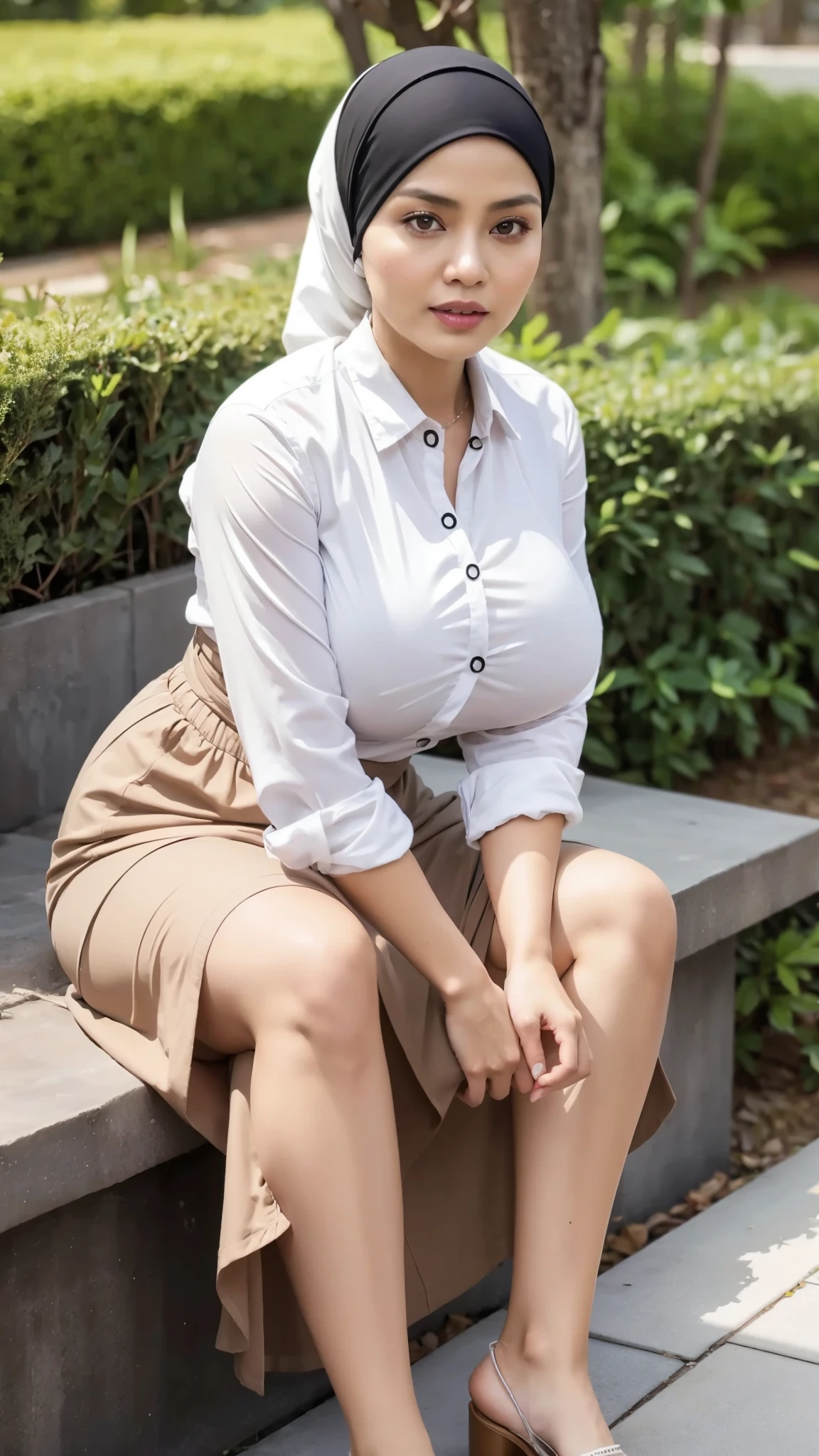 50 years Old, Hijab Indonesian mature woman, Big Tits : 66.9, Gamis, Breast out from her clothes : 1.9, at doctor office, Dark light, at Nighttime