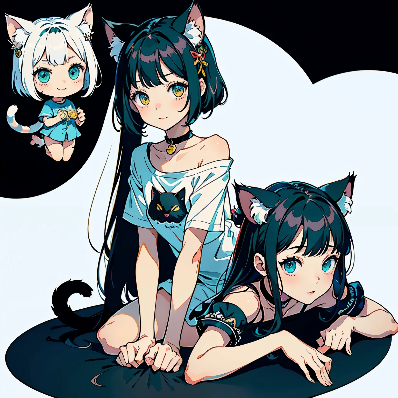 (highest quality, masterpiece, High resolution)、(anime art)、cinematic light、soft light、two girls、black hair、Black cat costume、White Cat Costume、Tabby cat costume、Striped cat costume、Persian Cat Costume、(3-color cat costume)、(loose t-shirt)、loose shirt、off shoulder、sexy mini dress、(Cat ear)、bob cut、semi-long、bun hair、hair ornaments、choker、Cute face details、enchanting smile、small breasts、whole body、(cat pose)、(lie down)、beckoning、playing、dance、Cat jarashi、Crackers popping、Party Decoration、((white background))、