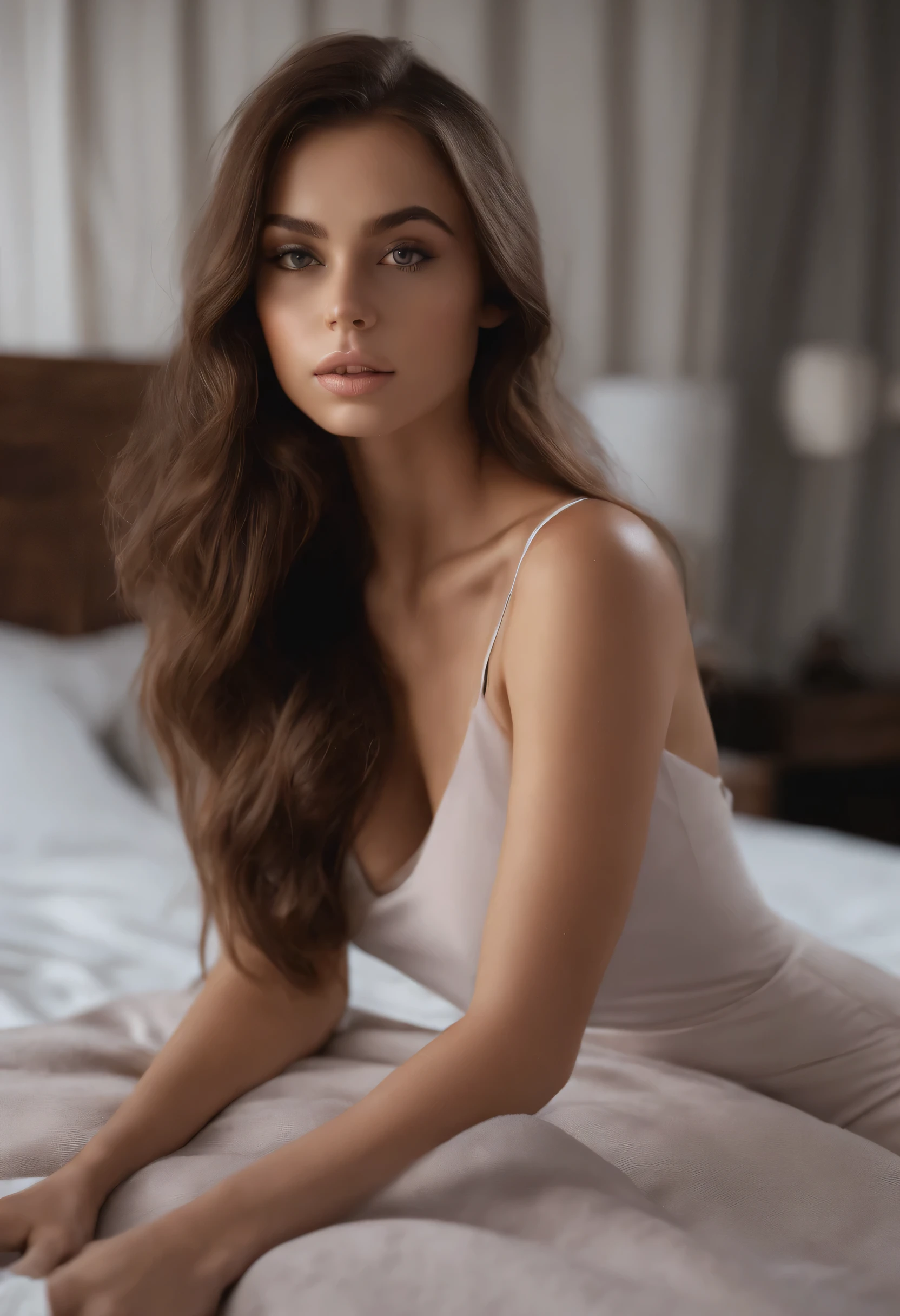 arafed woman fully , sexy girl with brown eyes, ultra realistic, meticulously detailed, portrait sophie mudd, brown hair and large eyes, selfie of a young woman, bedroom eyes, violet myers, without makeup, natural makeup, looking directly at the camera, face with artgram, subtle makeup, stunning full body shot kneeling on bed, in bedroom, medium to large size bust