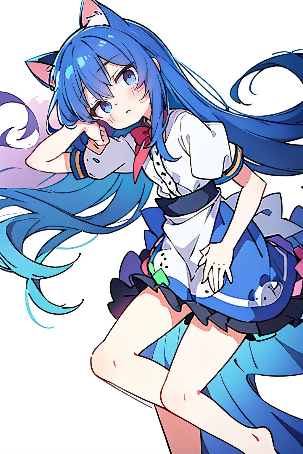 (Masterpiece), best quality, expressive eyes, perfect face, 1girl,
 Put your hands on your waist, fair, gorgeous, Japanese comics, girl, Lola, young angel, blue hair, blue hair, flowing clothes, hug the waist, hug the waist, hands on hips, hands on hips, lay down , lying on the ground, legs on the ground, flat chest, cat ears