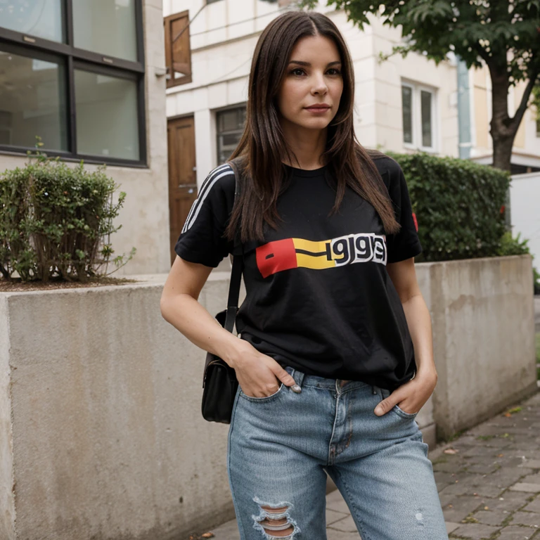 Sandra Bullock dressed in a Germany national team shirt with ripped jeans