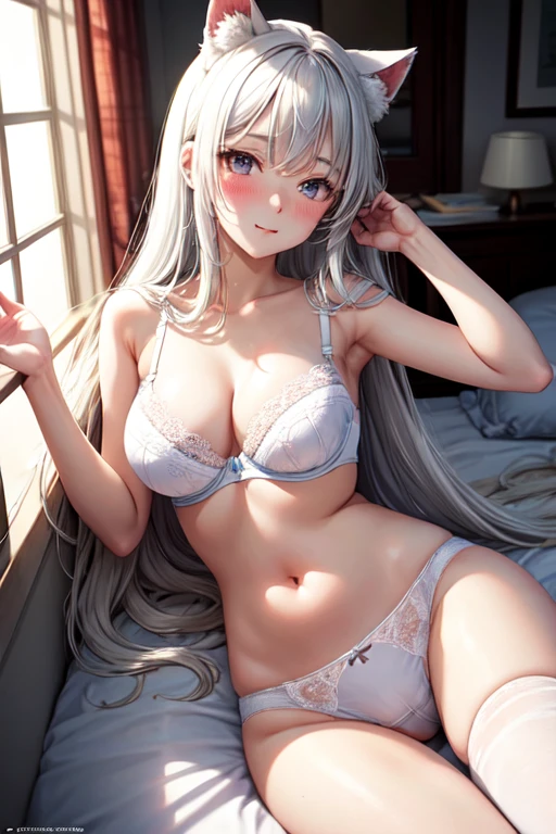 The lazy girl is lying down on the bed her long white hair flowing over her shoulders as she looks up at the camera with a slight blush on her face. Her cat ears have been hidden in her hair but are visible when she moves her head. She is wearing a tight white bra, tight white panties, and tight white socks. Her medium breasts are barely contained by the bra as she lays on her back. The light from outside shines in through the window and highlights her curves as she is inside a house next to a bed with pink sheets. High resolution, best quality, anime, anime girl