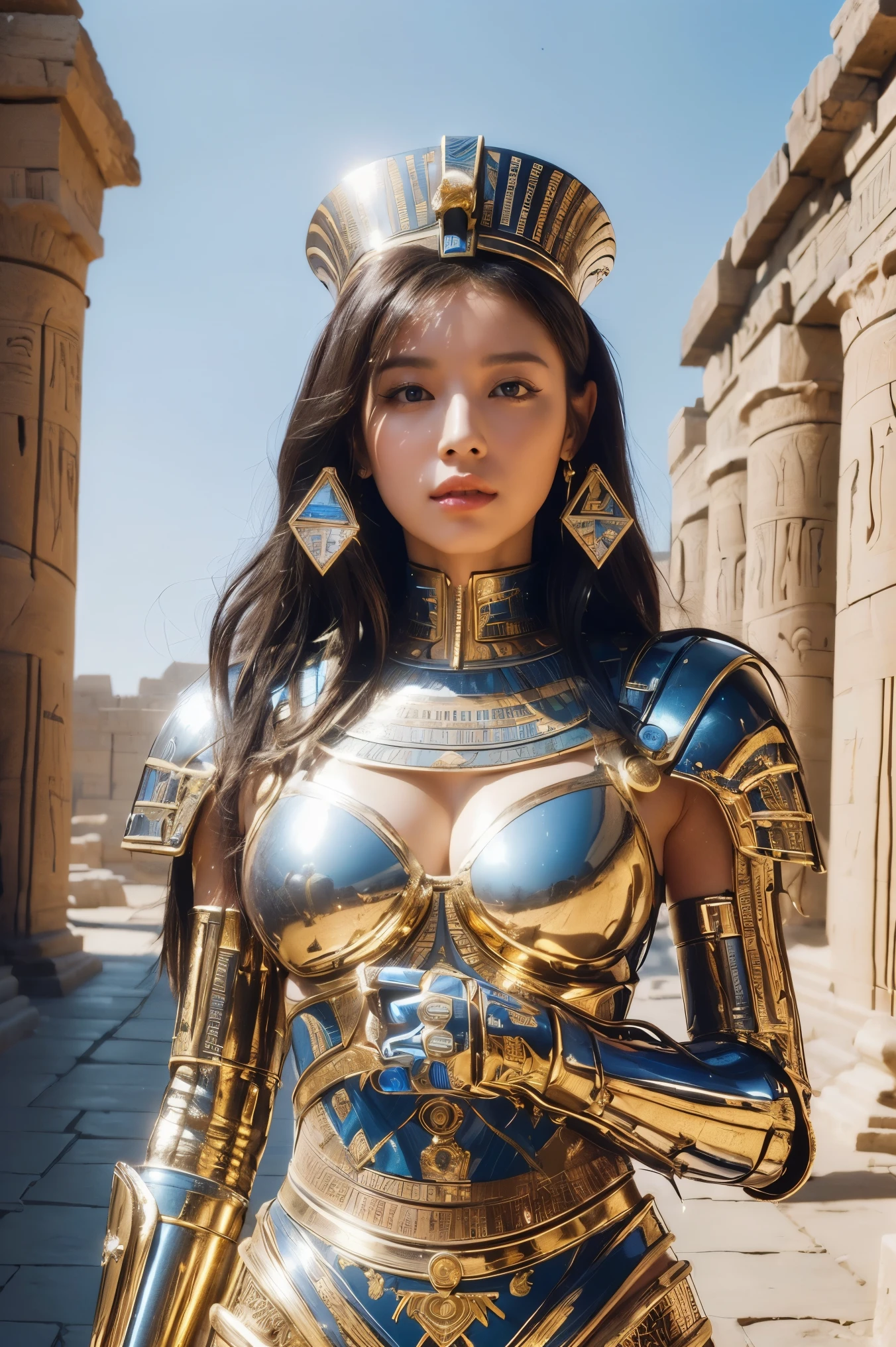 ((highest quality、8K、masterpiece:1.3))、Photoreal, sharp focus, High level image quality, High resolution, portrait, one person, woman, beautiful woman, sexy、Egyptian female warrior walking in ancient Egypt、complex technology, Remote pyramids and ancient Egyptian cities、cyber-、Light and shadow、blue light、