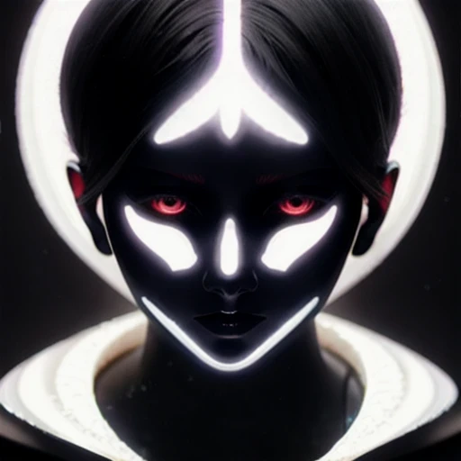 a close up of a person with a black hair and a white body, a still of an ethereal, unsettling image, female image in shadow, white glowing aura, ghostly form, anthropomorphic silhouette, fractal human silhouette, mysterious figure, symmetrical fullbody rendering, eerie person silhouette, ghostly figure, ultra ambient occlusion, single silhouette figure