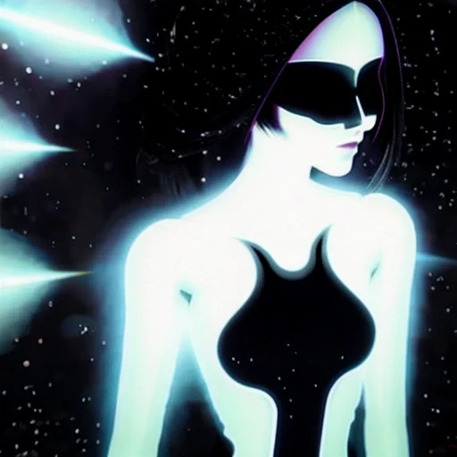 a close up of a person with a black hair and a white body, a still of an ethereal, unsettling image, female image in shadow, white glowing aura, ghostly form, anthropomorphic silhouette, fractal human silhouette, mysterious figure, symmetrical fullbody rendering, eerie person silhouette, ghostly figure, ultra ambient occlusion, single silhouette figure