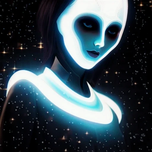 a close up of a person with a black hair and a white body, a still of an ethereal, unsettling image, female image in shadow, white glowing aura, ghostly form, anthropomorphic silhouette, fractal human silhouette, mysterious figure, symmetrical fullbody rendering, eerie person silhouette, ghostly figure, ultra ambient occlusion, single silhouette figure