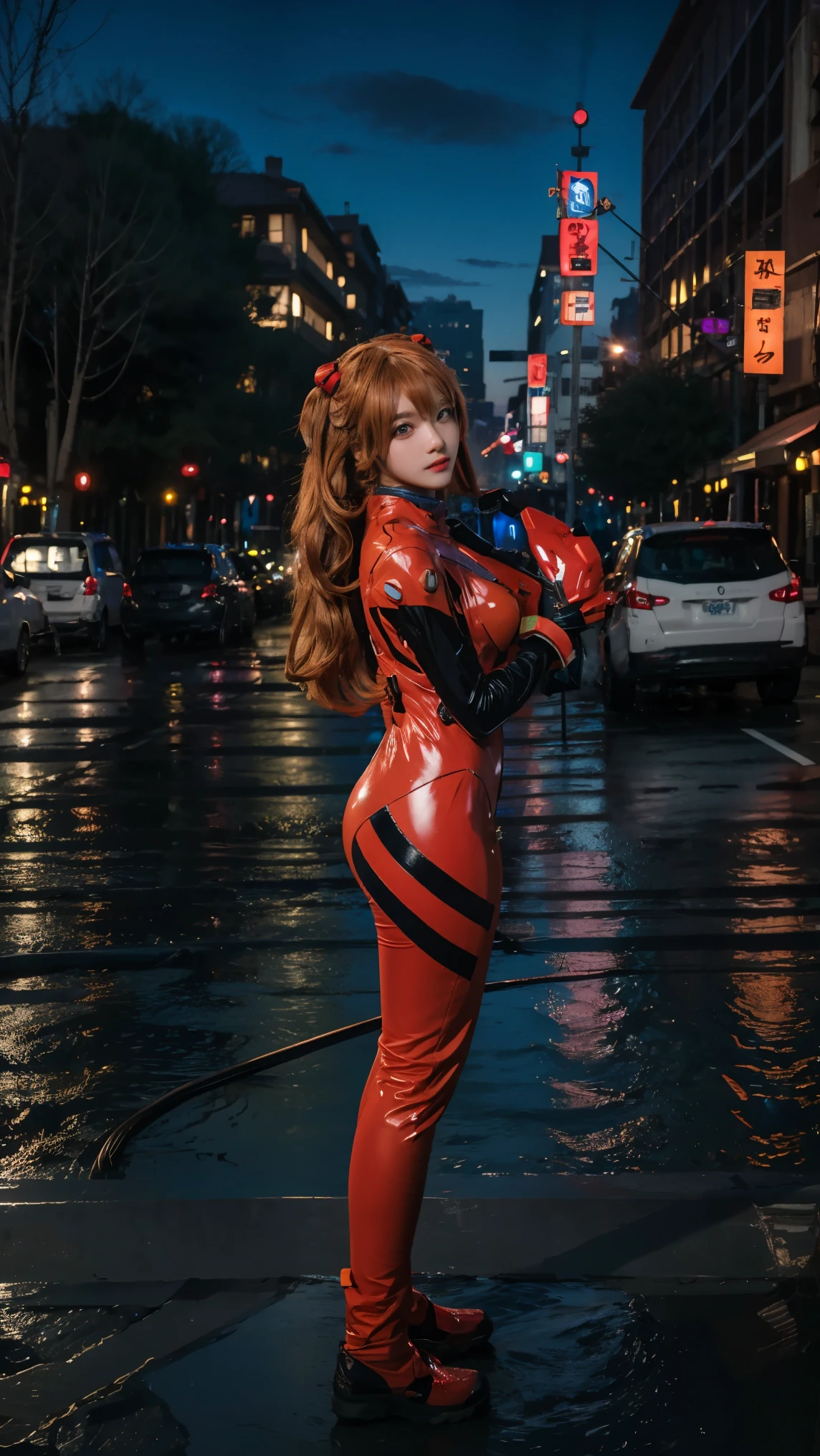 best quality, masterpiece, realistic, photorealistic, 1girl, solo, looking at viewer, full body, standing, long hair, asuka cosplay costume, cosplay, plugsuit, bodysuit, hair ornament, detailed background, in street, night, light, rain, 