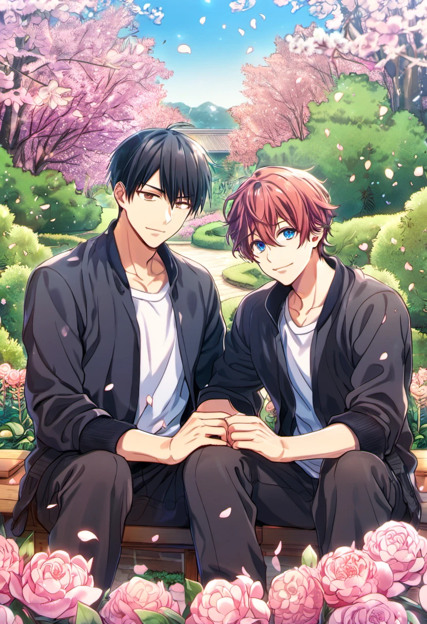 Ultra detailed, highres, absurdres, HDR, Uenoyama Ritsuka, black hair, blue eyes, Sato Mafuyu, pink-brown hair, brown eyes, garden, petals, Given, 2 men together, gay couple, handsome
