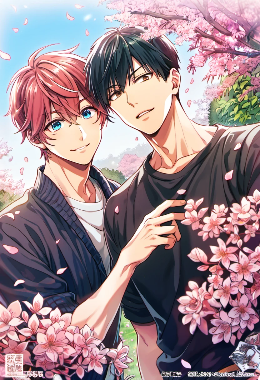 Ultra detailed, highres, absurdres, HDR, Uenoyama Ritsuka, black hair, blue eyes, Sato Mafuyu, pink-brown hair, brown eyes, garden, petals, Given, 2 men together, gay couple, handsome