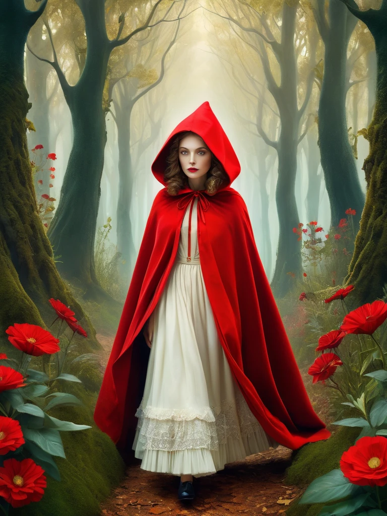 Oil painting of Adult Red Riding Hood [Woman:Maude Adams:0.1] character, ghostly white skin, charismatic look, perfect eyes, nostalgic, vintage, antique, walks gracefully in the forest, lush vibrant flowers on foreground, Gabriel Pacheco style, soft, dreamlike, surrealism, tale forest background, intricate details, 3D rendering, octane rendering. Abstract background. Masterpiece of the best quality, Tim Burton Cinematic Style, high definition, 32k. By Monique Moro.,more detail XL,photo r3al