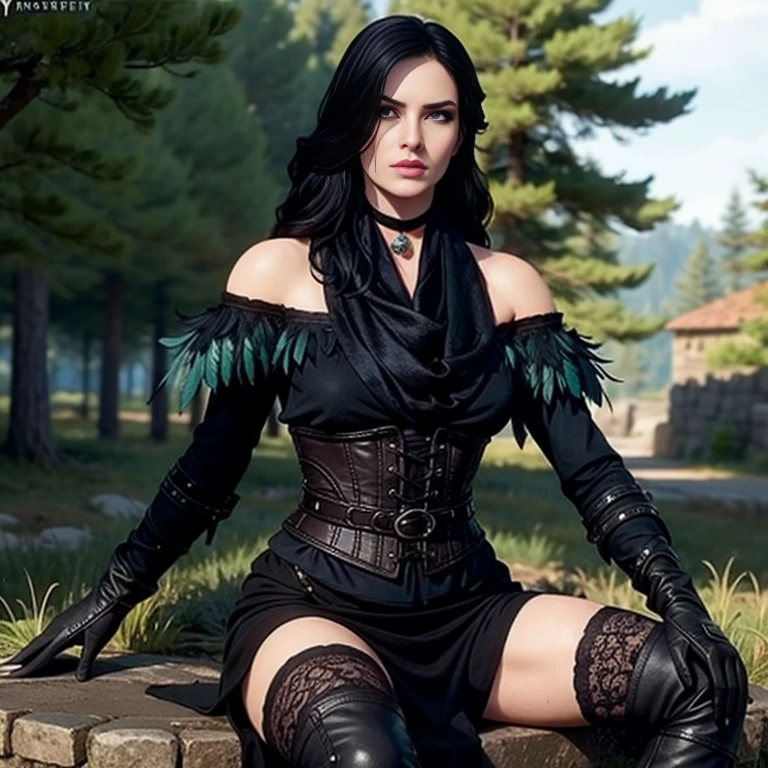 Yennefer, in forest, long hair, black hair, purple eyes, scarf, black dress, bare shoulders, feathers, thighhighs, gloves, boots, choker, corset, elbow gloves, (intricate details), perfect eyes, pruple eyes, perfect face, perfect lighting, beautiful, (masterpiece:1.2), (best quality:1.2)