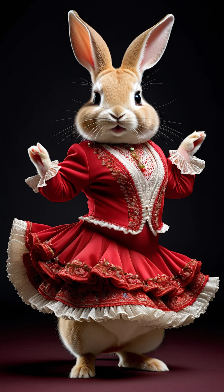photorealistic portrait of Dressed animals - a fat baby rabbit flamenco dancer,( flamenco action posing),  high quality,(lovely) ,intricate details, highly detailed ((flamenco costume)) ,highly detailed dress,, (happy), studio lighting,(full body image:1.5)