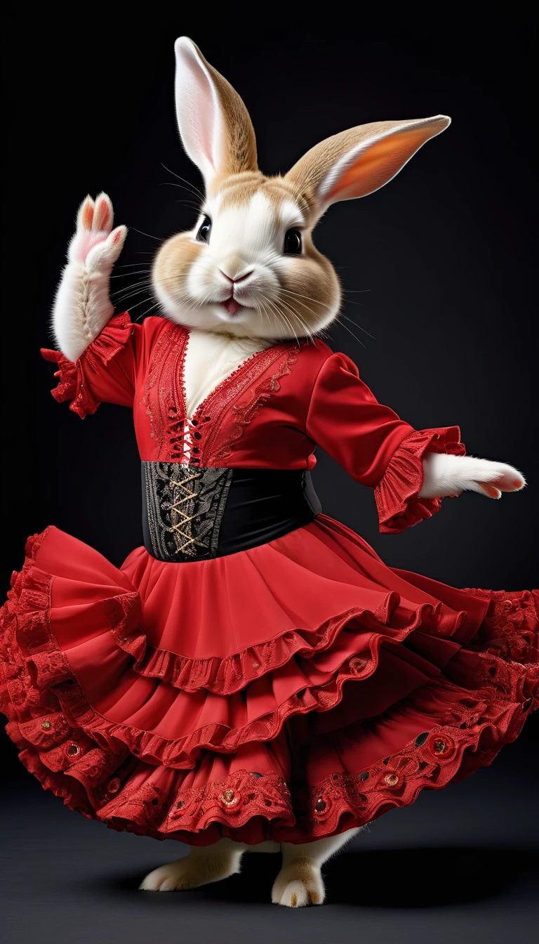 photorealistic portrait of Dressed animals - a fat baby rabbit flamenco dancer,( flamenco action posing), high quality,(lovely) ,intricate details, highly detailed ((flamenco costume)) ,highly detailed dress,, (happy), studio lighting,(full body image:1.5)