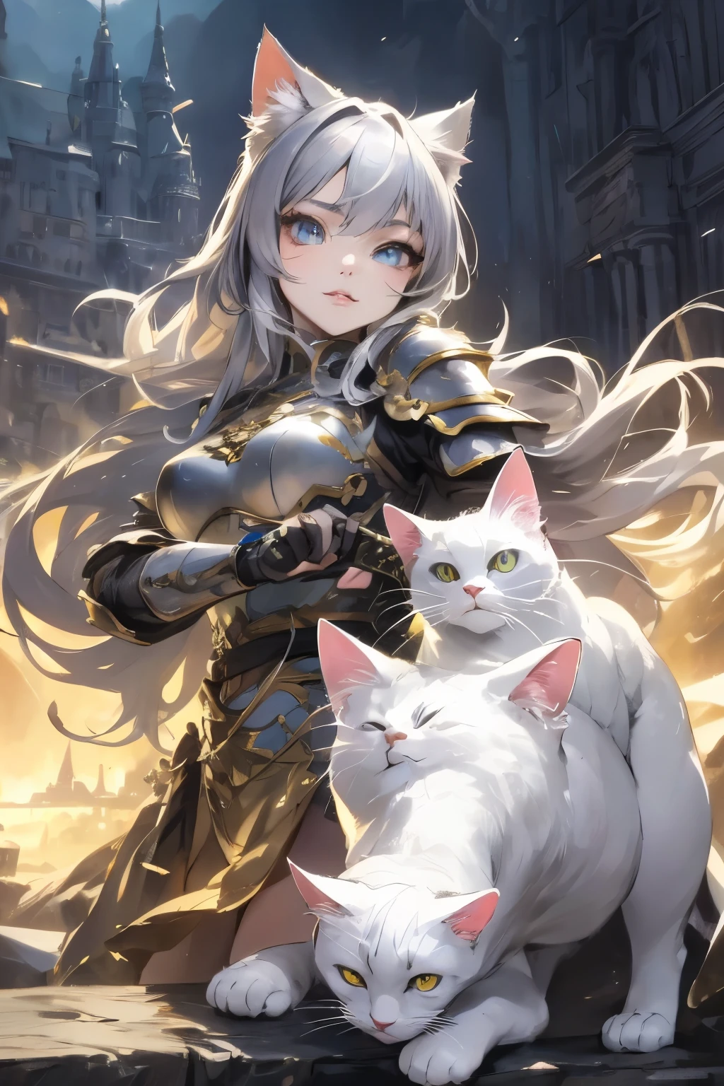 anime girl with cat and sword in front of a building, (best quality,4k,8k,highres,masterpiece:1.2), ultra-detailed, (realistic,photorealistic,photo-realistic:1.37), anime fantasy illustration, beautiful detailed eyes, beautiful detailed lips, extremely detailed eyes and face, long eyelashes, attractive cat-themed girl, stunning Catgirl Anime, detailed anime key art, detailed digital anime art, detailed anime fantasy art, arts trends on ArtStation Pixiv, attractive girl with armor, white cat, alluring cat girl, vibrant colors, dynamic lighting, breathtaking scenery, detailed building, unique art style, captivating composition, awe-inspiring atmosphere, mesmerizing world, masterful storytelling, intricate character design, lively ambiance, precise line work, immersive narrative, seamless blending of anime and fantasy elements.