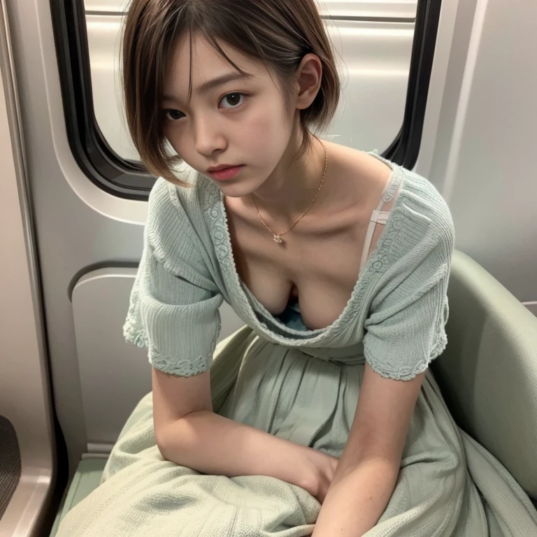 1 girl ,highest quality, ultra high resolution, highly detailed skin, Physically based rendering, small breasts, flat chest, down blouse,(14 year old Japanese student, Decorative detailed bra , overlap short sleeve princess dress, small breasts, sensual ),sitting, lean forward on the train, short hair, necklace ,close,From top left ,focus on the chest ,high brightness