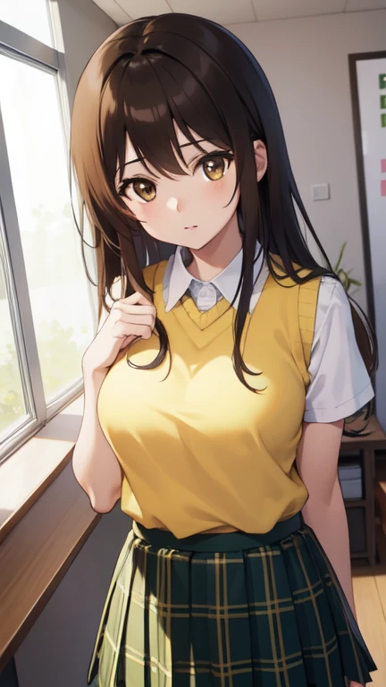 kotegawayui, yui kotegawa, black hair, (brown eyes:1.5), long hair,
BREAK green skirt, plaid, plaid skirt, sainan high , , skirt, sweater vest, (yellow sweater:1.3), short sleeves,
BREAK looking at viewer,
BREAK indoors, classroom,
BREAK (masterpiece:1.2), best quality, high resolution, unity 8k wallpaper, (illustration:0.8), (beautiful detailed eyes:1.6), extremely detailed face, perfect lighting, extremely detailed CG, (perfect hands, perfect anatomy),