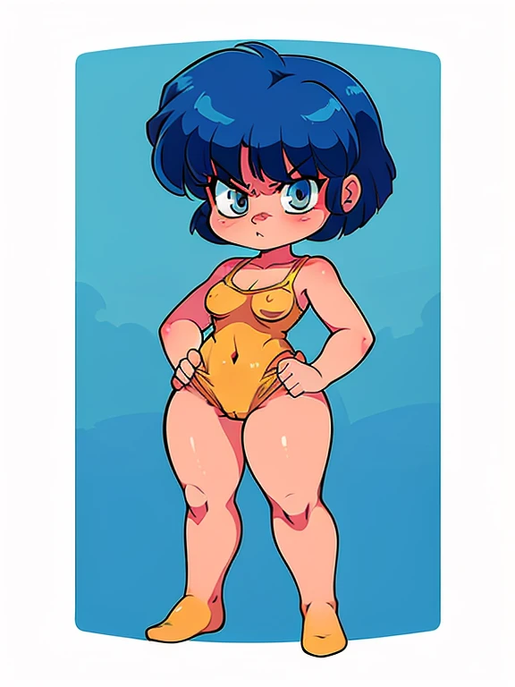 ((sticker-style illustration for print with 1girl, minimalism,)), simple background, clean:0.9, lineart, vector, AkaneYellowSwimsuit, looking at the viewer, full body, blue hair, (eyes angry), circle frame, hands on hips, camel toe