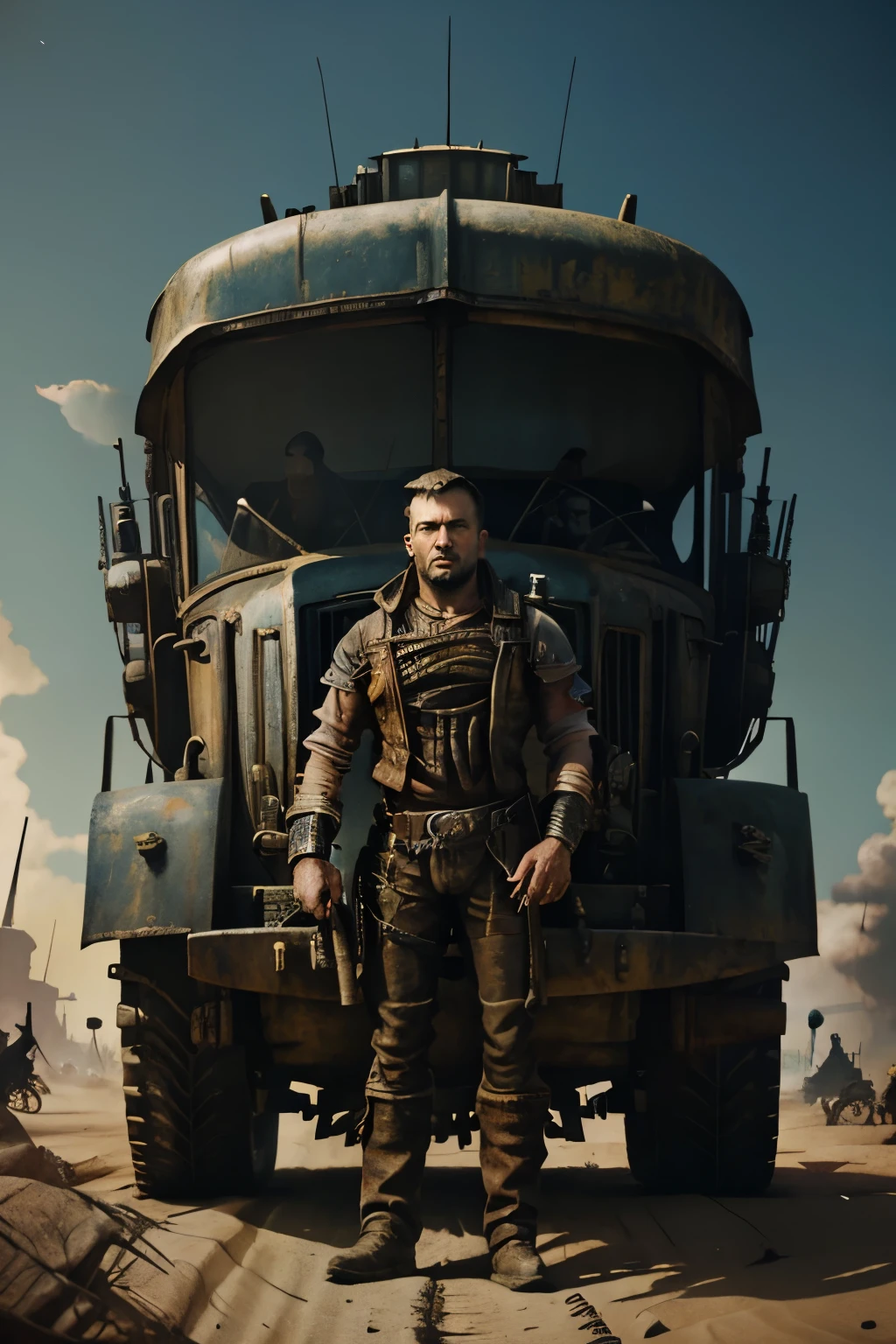 8K photorealistic render of a dieselpunk oil baron standing in front of his fleet of diesel vehicles and airships, detailed, rich color palette, inspired by Kilian Eng, Mad Max: Fury Road and Bioshock Infinite
