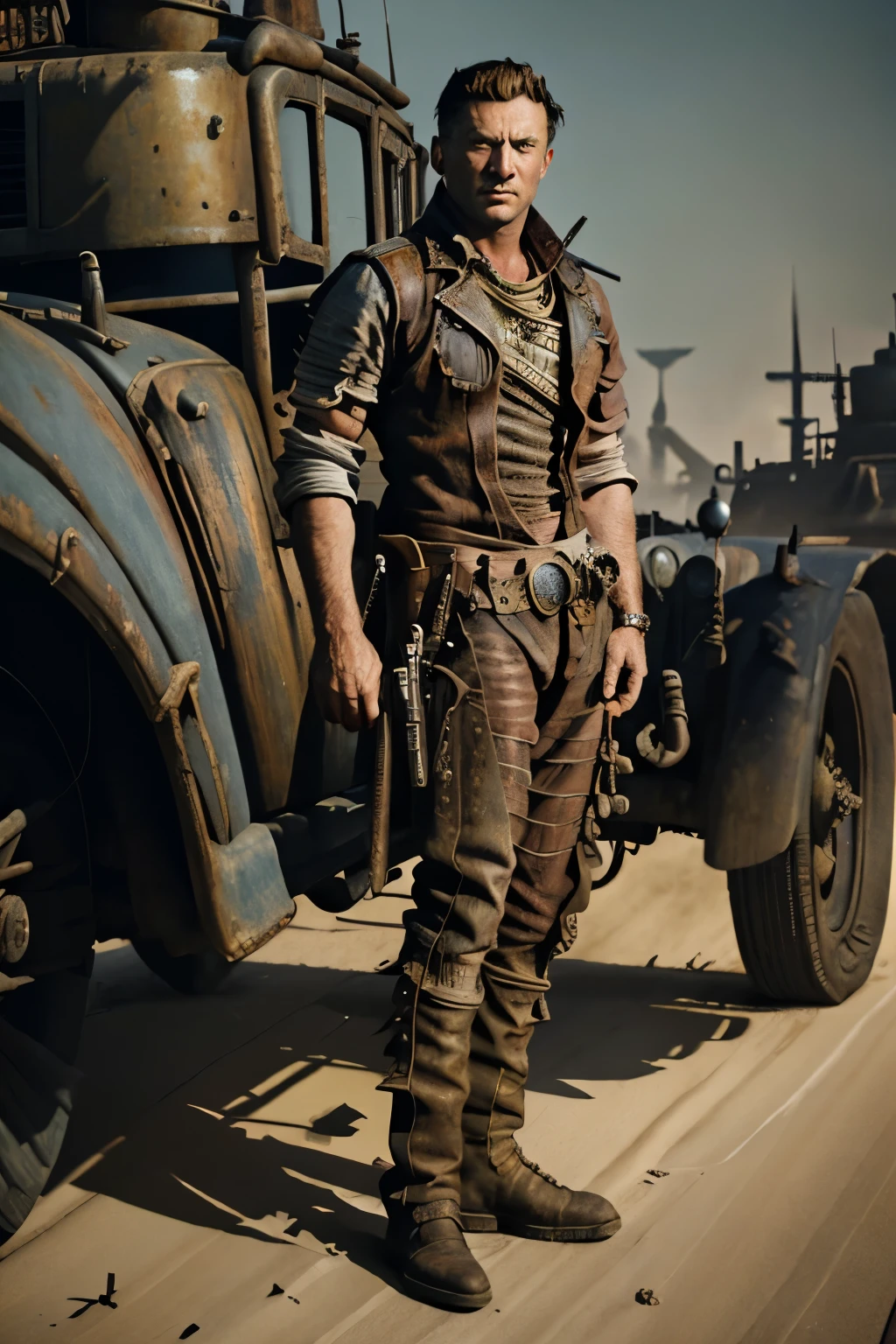 8K photorealistic render of a dieselpunk oil baron standing in front of his fleet of diesel vehicles and airships, detailed, rich color palette, inspired by Kilian Eng, Mad Max: Fury Road and Bioshock Infinite
