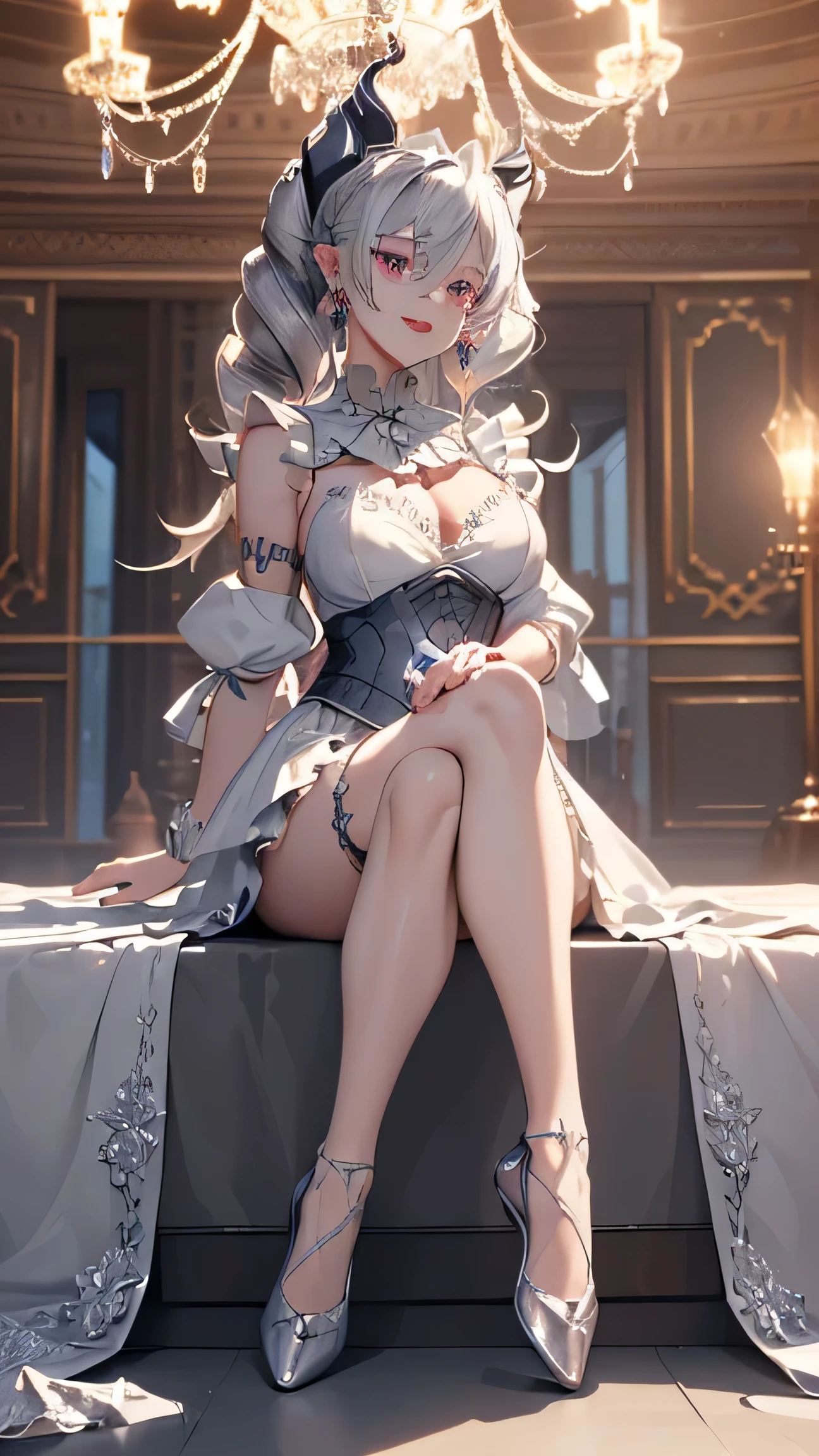 ((masterpiece)),(best quality), ((extremely detailed CG unity 4k wallpaper)),(cinematic lighting), (an extremely delicate and beautiful girl:1.3),(++silver red eyes, long hair, jewelry,earrings, :d, maid, labrynth,
dance floor,(Crystal chandelier), horn ,indoor , sitting , crossed leg in detailed, all body , foot exposed 