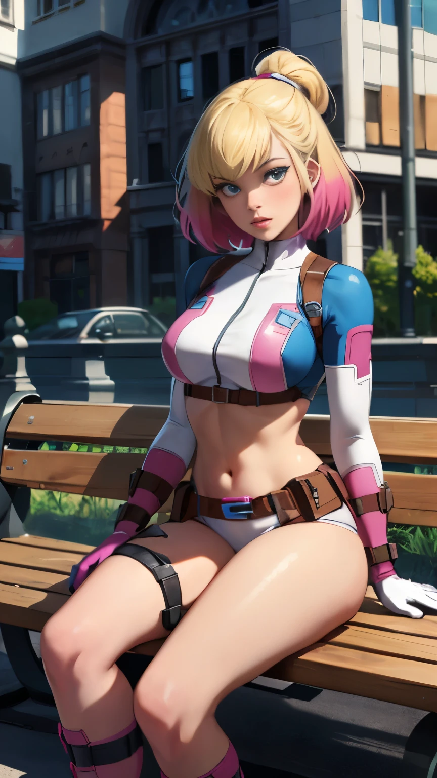 (Highly quality, masterpiece, detailed), city detailed scenario, city detailed background, solo, gwenpool, blonde hair, multi colored hair, 1woman, crop top, two-tone, navel, gloves, sitting on a bench, perfect face, beautiful eyes, look at the viewer, Sexy pose