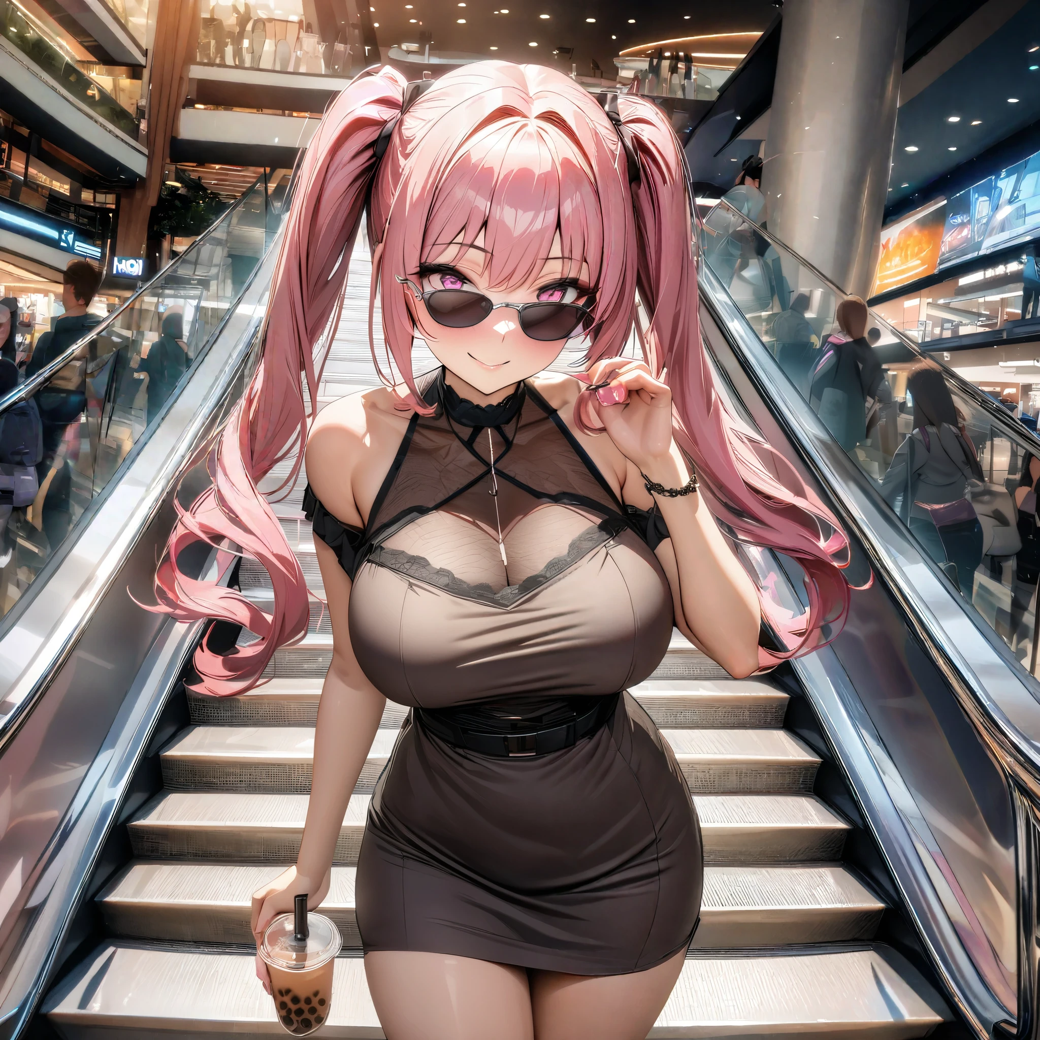 A woman wearing a brown cold dress, hot pink hair with gray details, pigtails, pink eyes, smiling, wearing sunglasses, walking on a sidewalk, on an escalator in a large shopping mall, with bubble tea in your hand, big breasts. , HDR, ultra resolution, very detailed, masterpiece, HD 8K, (solo, just one girl)
