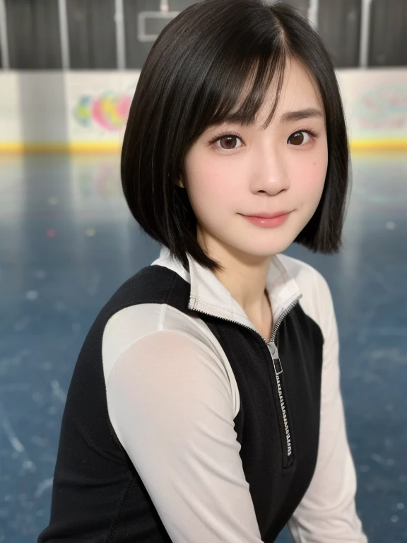 (kawaii 24 year-old Japanese girl, Nogizaka idol, Korean idol), healthy female athlete, figure skater, (glossy black hair, messy very short hair, pixie cut, symmetric hair length, even length hair edges:1.3), (bangs), (rounded face, black eyes, single eyelid, no makeup, soft smiling:1.2), (wearing long sleeved training half zip tops:1.3), flat chest, extra small breasts, sports leggings, (looking at viewer:1.2), BREAK, (at skate arena:1.3), (dynamic angle:1.3), face focus, BREAK, (masterpiece, best quality, photo realistic, official art:1.4), (UHD, 8K quality wallpaper, high resolution, raw photo, golden ratio:1.2), (shiny skin), professional lighting, physically based rendering, award winning, (perfect anatomy, highly detailed skin, extremely detailed face and eyes), Carl Zeiss 300 mm F/2.8, depth of field, 1girl, solo,