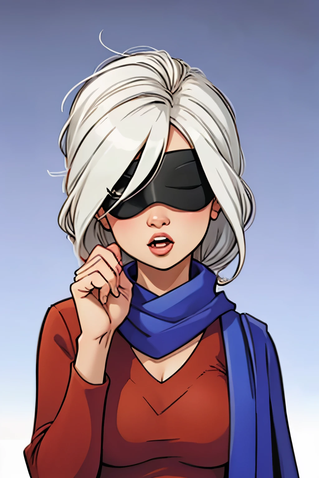 1 girl, Wallop, (blindfolded:1,3), Clothing cut, green background, hair between eyes, scarf, Upper body, white hair, Sky