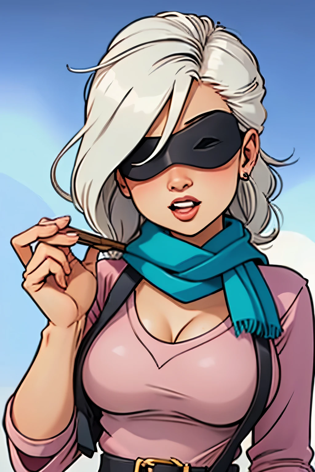 1 girl, Wallop, (blindfolded:1,3), Clothing cut, green background, hair between eyes, scarf, Upper body, white hair, Sky
