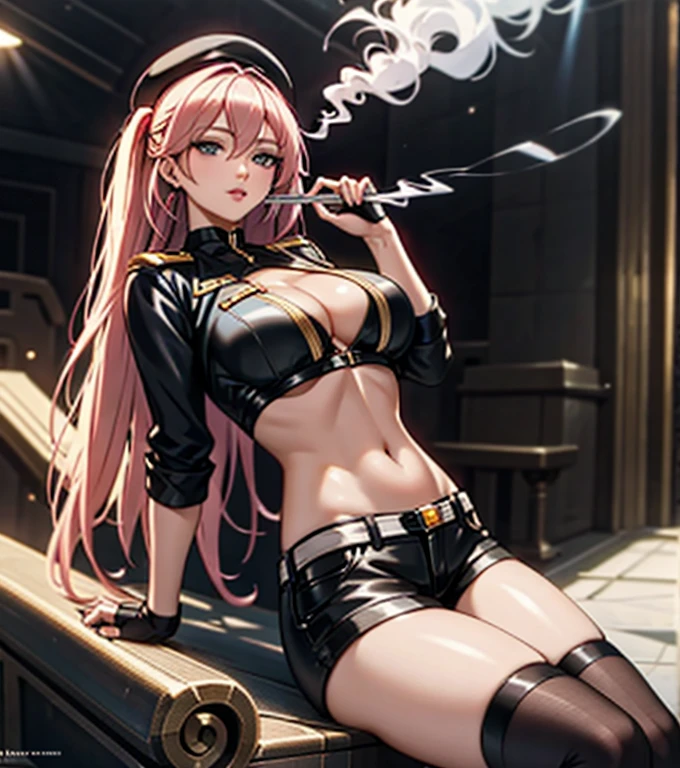 22 years old, (milf:0.8), (solo:1.5), (sfw:1.25), cute breast, beautiful breasts, medium tits, thin waist, big ass:1.0, Raised sexy, (beret, black jacket, open clothes, cleavage, midriff, black shorts, black thighhighs, thigh strap, fingerless gloves, single glove:1.2), blue eyes, light smile, big , Revimpling fabric, earrings, Hand gloves, detailed face,(smoking:1.3),long hair,side ponytail,hair between eyes,bangs,detailed and beautiful eyes,beautiful detailed lips,Rolling her eyes,manner,hair over one eye, (ultra high resolution, 8K RAW photo, photo realistics, thin outline:1.3, clear focus), best qualtiy, natural lighting, textile shading, blurry back ground, field depth, (Bright pupils, fine detailed beautiful eyes with highlight:1.3, high detailed face), Red lip, fine realistic skins:1.1, looking down viewers:1.3, (dynamic angle:1.3, front view:1.1, breast focus:1.3, from below:1.2), (dynamic posing:1.5, sexy posing:1.2),Youghal, side lock, hair ornaments, hair band,nice,garden background,artistic rendering,Super detailed,(highest quality,4k,8K,High resolution,masterpiece:1.2),Bright colors,studio lighting