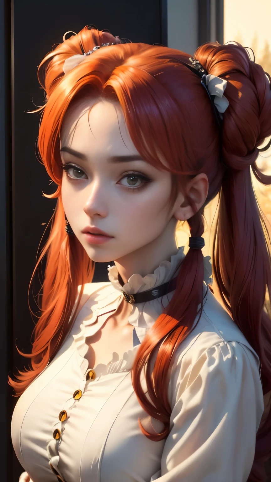 (8K, highest quality, masterpiece:1,2), (realistic, Photoreal:1.37), Super detailed, one girl,), (very detailed), (detailed and beautiful eyes), (highest qualityの), (Super detailed ), (masterpiece), (detailed face),woman((19 years old)),portrait, red毛, yellow-white eyes, 長いhair, red毛のhair ,hair((red, twin tails，length)), ウェーブのかかったhair, 前hair, background golden hour, null, to the chest, White blouse with ruffles, race, neck tattoo, tv tattoo、