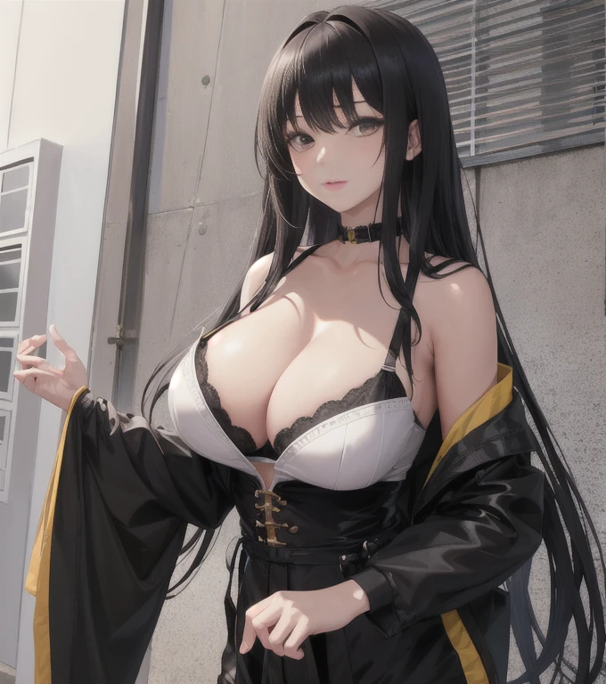 masterpiece、best image quality、black hair、black bra、Huge titechs、and soul、8K,masterpiece, quality loss,Huge 、（1 girl）、((Pit Girl Suit))、shiny skin、shiny big、dark brown eyes、 ((highest quality))、 sharp focus:1.2、Highly detailed face and skin texture、detailed eye、perfect face、perfect body、art by、nffsw、blur the background、Japanese、large chest with presence、Circuit field、blur the background、cowboy shot、