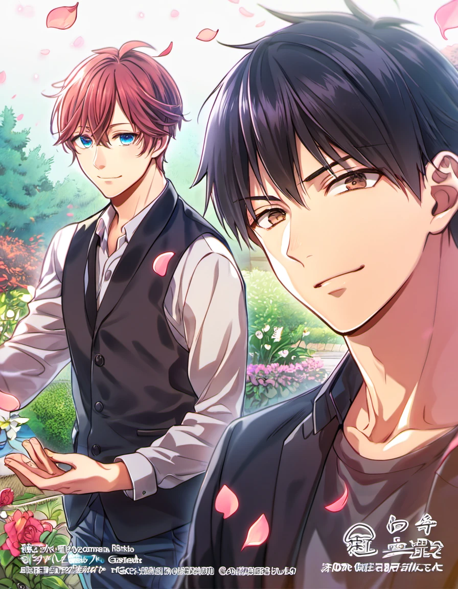 Ultra detailed, highres, absurdres, HDR, Uenoyama Ritsuka, black hair, blue eyes, Sato Mafuyu, pink-brown hair, brown eyes, garden, petals, Given, 2 men together, gay couple, handsome