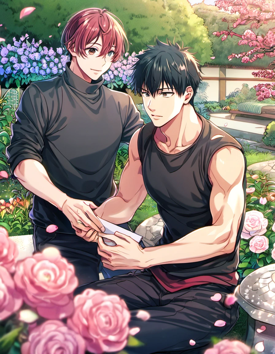 Ultra detailed, highres, absurdres, HDR, Uenoyama Ritsuka, black hair, blue eyes, Sato Mafuyu, pink-brown hair, brown eyes, garden, petals, Given, 2 men together, gay couple, handsome