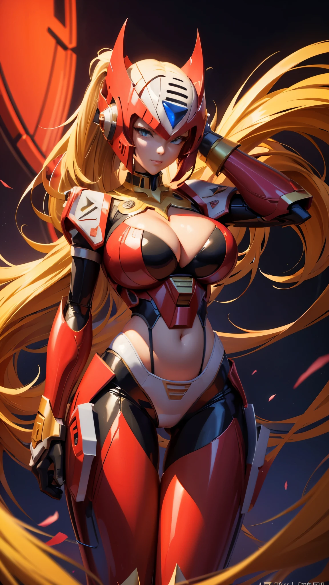 A beautiful woman, (hands behind head) , 1 girl, (( mecha)), sexy body figure, long legs, large breasts, (cleavage), busty, beautiful face, Vanessa Kirby, milf, age 28, royal, long blonde color hair, pony tail, helmet, fine armor, futuristic armor, sci fi, intricate armor details, red and black color armor, night time, dark city, neon lights, a woman, in a (sexy pose, seductive, flirty) , designed by Gucci::3, tumblr, (inspired by Yanjun Cheng style), digital art, meme lofi internet girl, trend in dezeen, catalog photo, 3 d render beeple, rhads and lois van baarle, cartoon style illustration, (bright pastel colors), a beautiful art illustration, anime girl --ar 2:3 --q 2